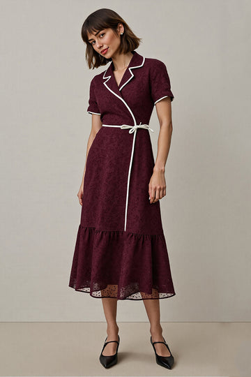 A Line Burgundy Midi V-Neck Work Dress